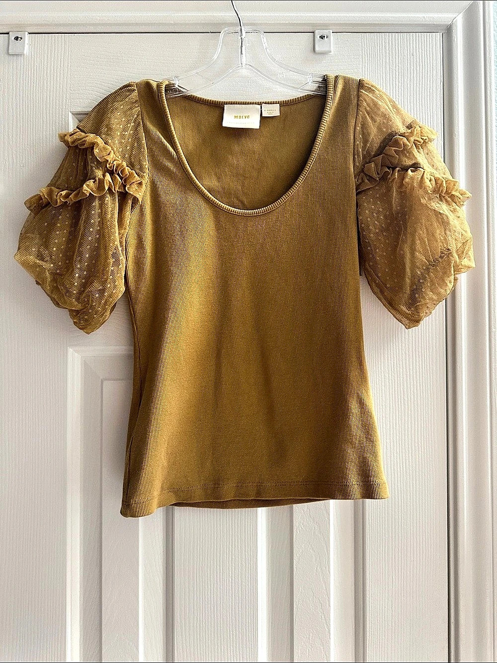 Maeve Ruffle Mesh Top Ribbed Golden mustard Short Puff Sleeves Casual Women’s XS